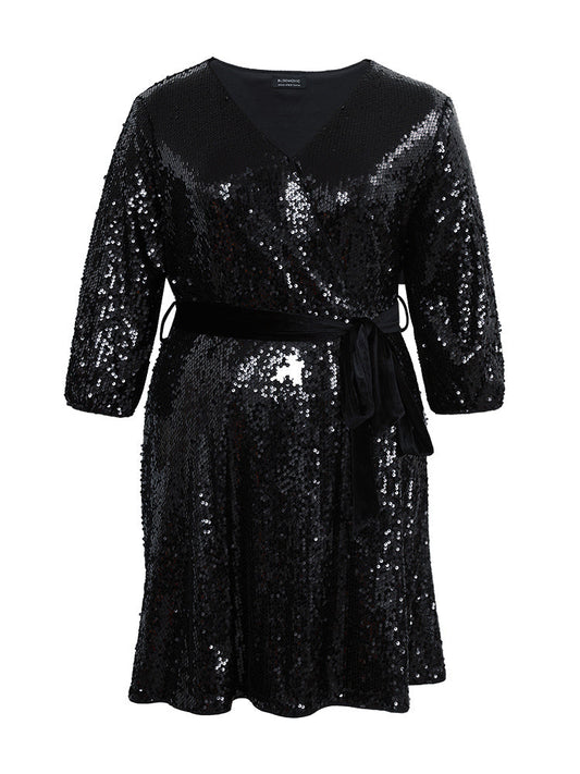Sequin V Neck Lantern Sleeve Belted Dress