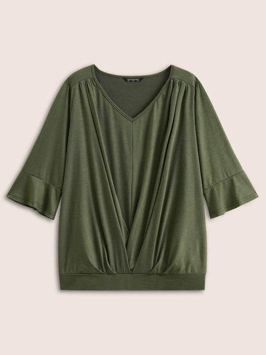 Solid Pleated V Neck Bell Sleeve T-shirt