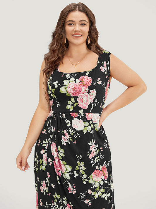 Floral Print Pleated Detail Wrap Hem Tank Dress