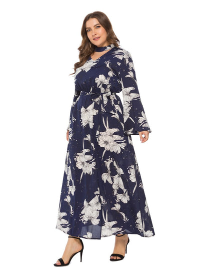 Floral Printed Hollow Out Flared Sleeve Maxi Dress