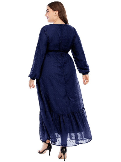 Dot Mesh Belt Round Neck Maxi Dress