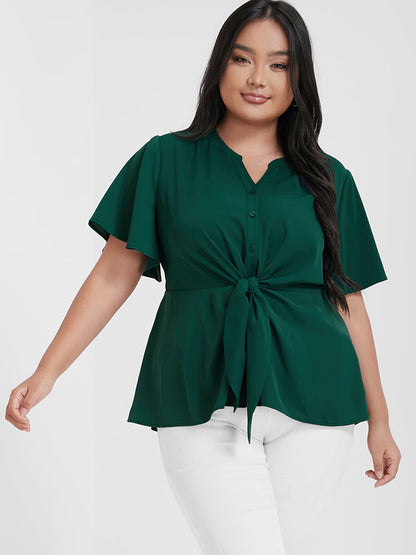 Solid Knotted Button Flutter Sleeve Blouse