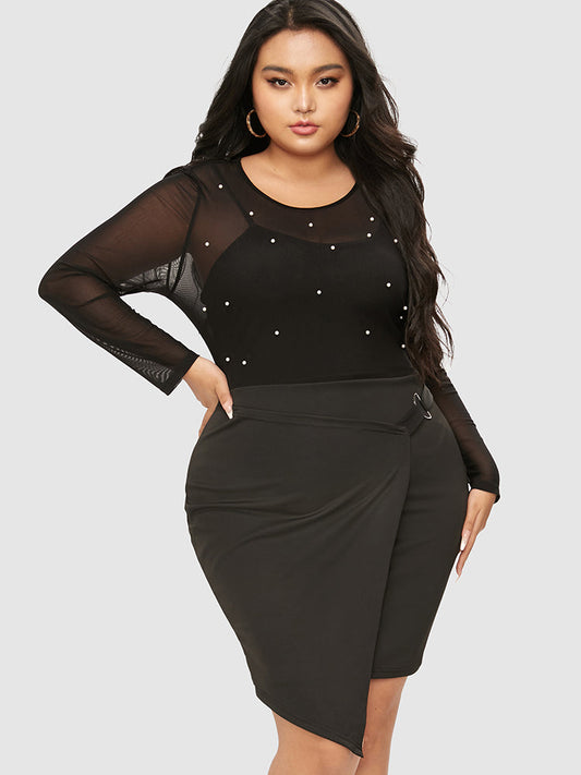 Beaded Contrast Mesh Wrap Bodycon Dress