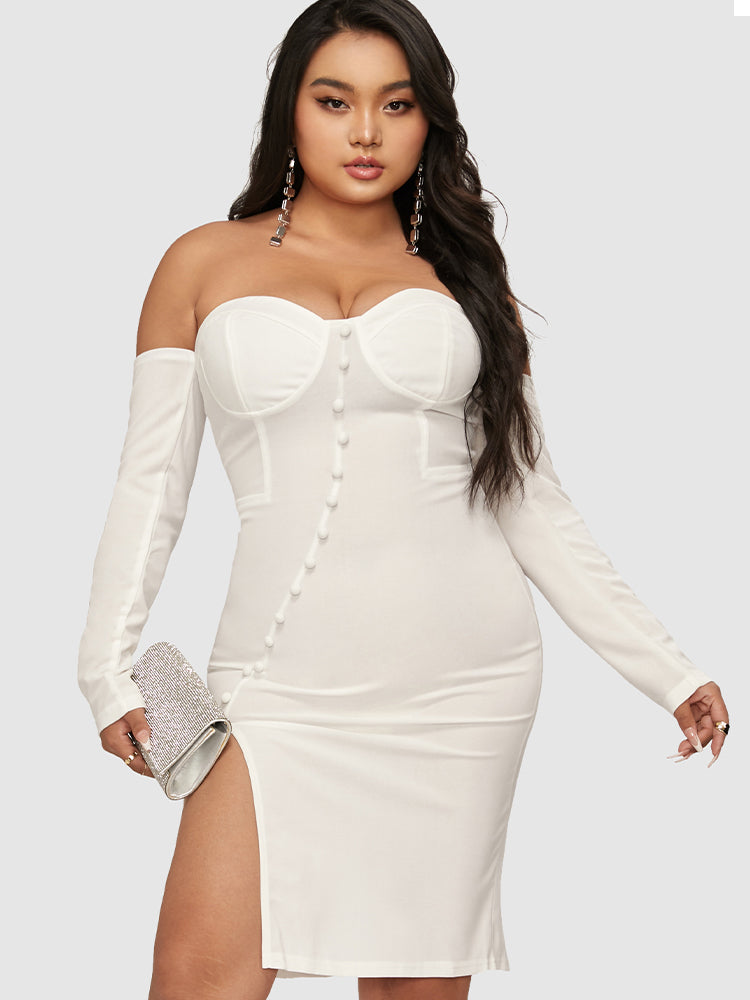 Button Detail Bustier Split Tube Bodycon Dress