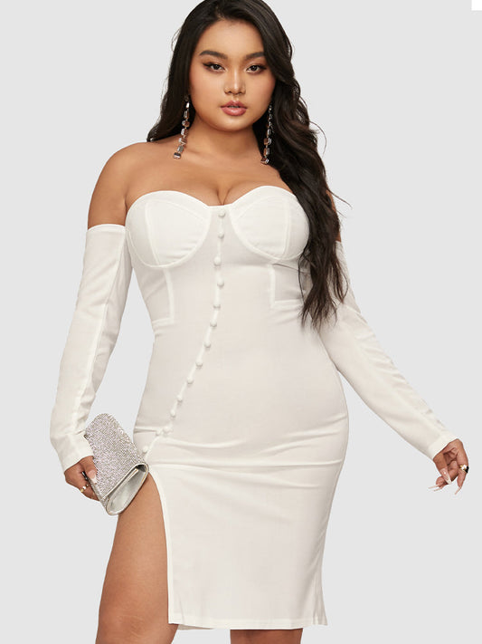 Button Detail Bustier Split Tube Bodycon Dress