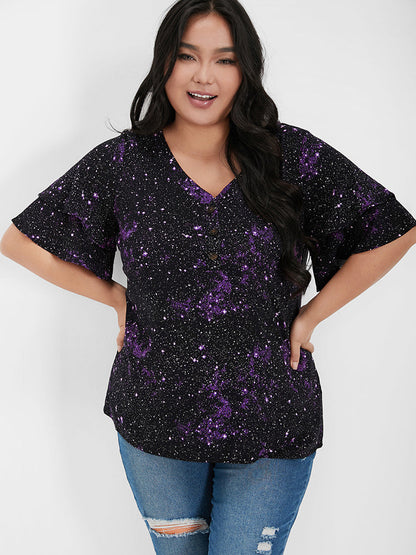 Galaxy Ruffles Sleeve Button V Neck T-shirt