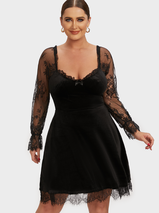 Solid Contrast Lace Sleeve Dress