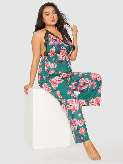 Floral Print Lace Trim Backless Lounge Jumpsuit