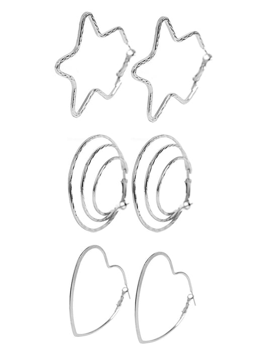 3 Pack Heart & Star Design Hoop Earrings