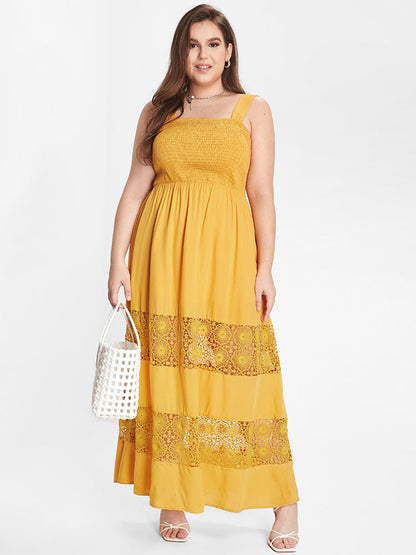 Plain Ruffle Shirred Eyelet Lace Maxi Dress