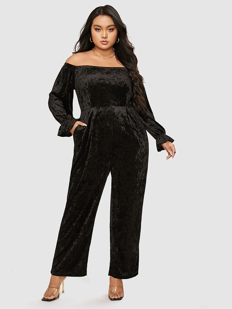 Off Shoulder Pocket Velvet Jumpsuit