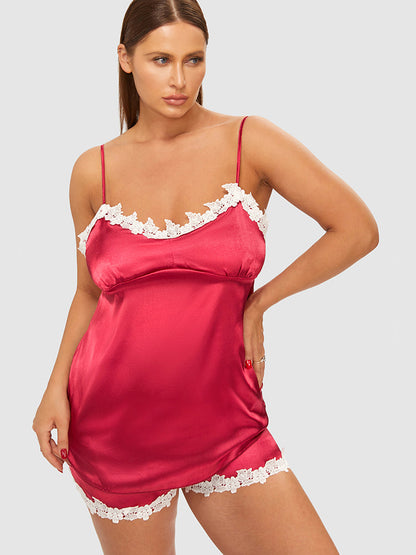 Satin Lace Trim Cami Top & Short Pajama Set