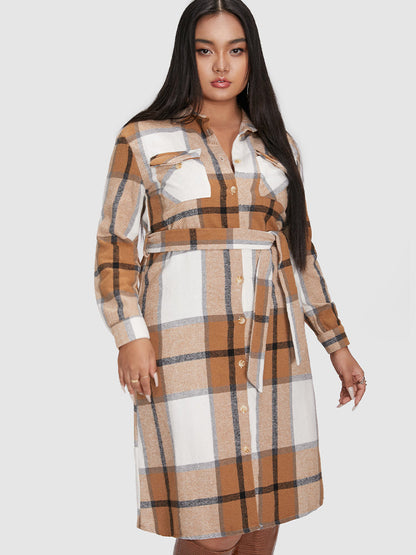 Plaid Pocket Belted Shirt Dress