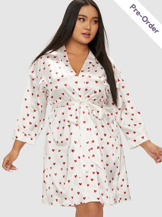 Heart Pattern Belted Satin Lounge Dress