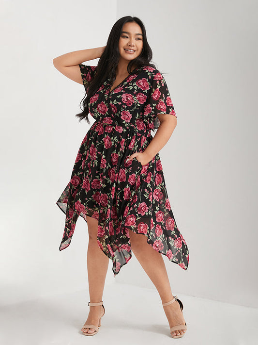 Floral Print Pocket Irregular Hem Midi Dress