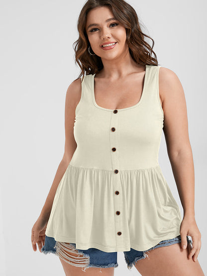 Solid Scoop Neck Button Front Tank Top