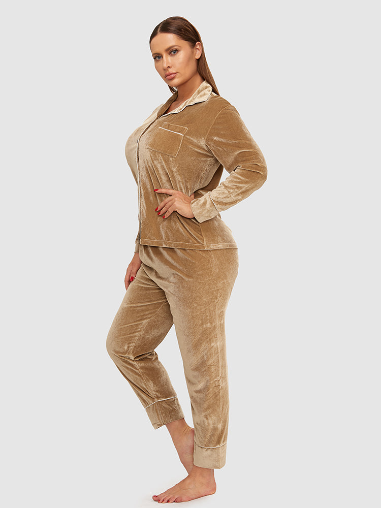Contrast Binding Button Pocket Velvet Pajama Set