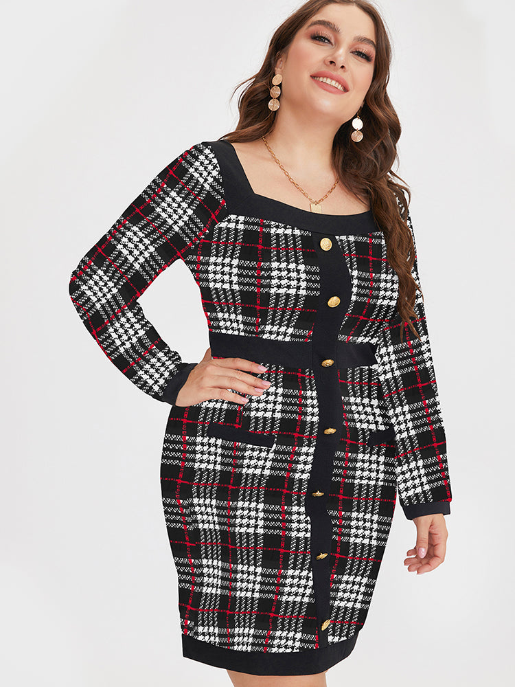 Plaid Square Button Detail Dress