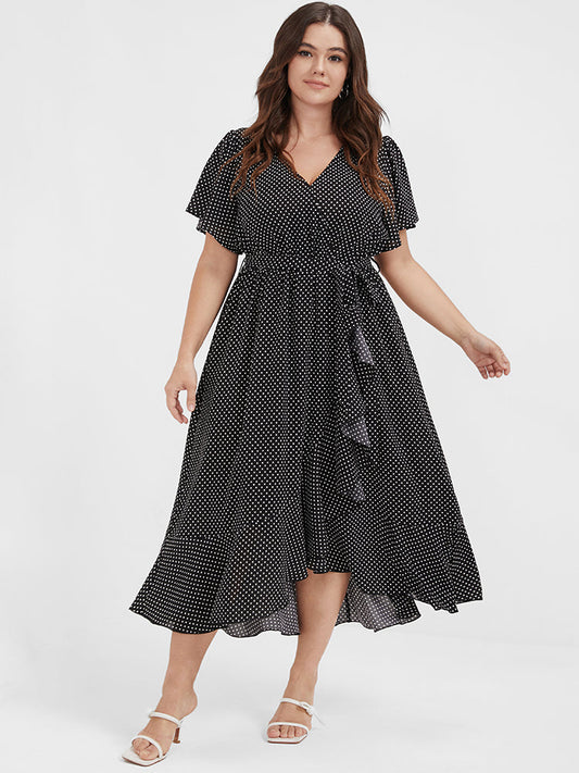 Polka Dot Flutter Trim Belted Wrap Dress