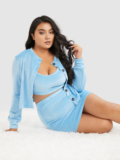 3pcs Velvet Tank & Skirt Lounge Set With Coat