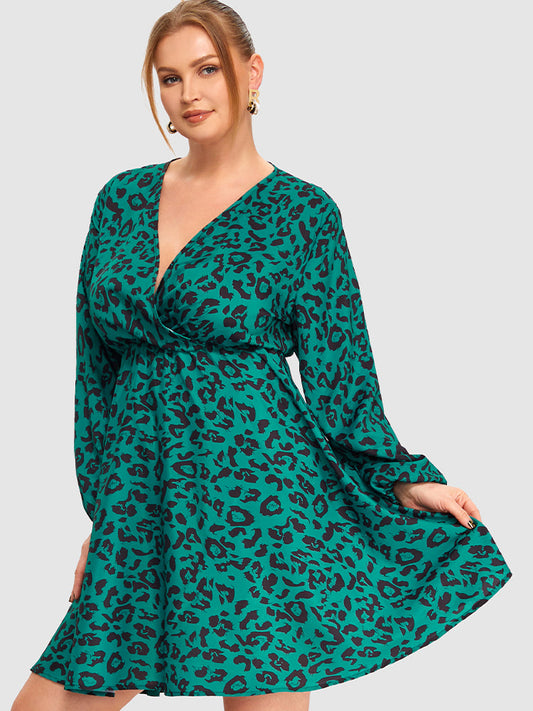 Leopard Pattern Surplice Neck A Line Dress