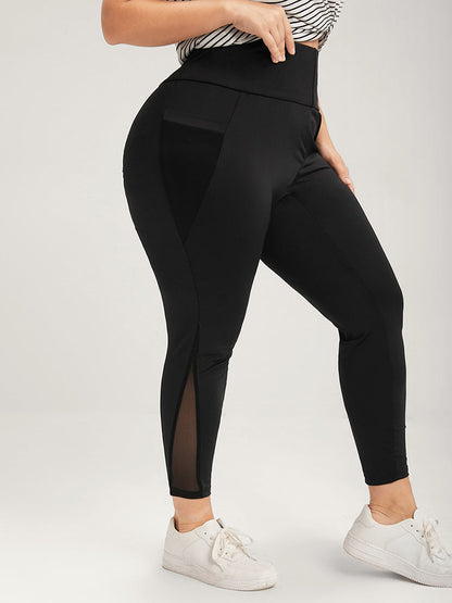Plain Mesh Pocket Wide Waistband  Leggings