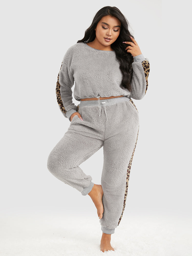 Leopard Panel Drawstring Flannel Lounge Set