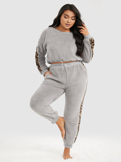 Leopard Panel Drawstring Flannel Lounge Set