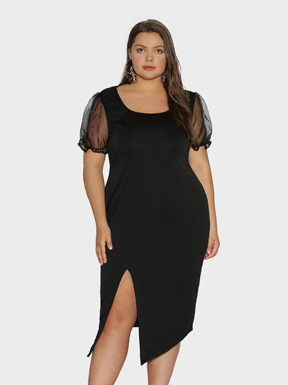 Mesh Puff Sleeve Split Hem Dress