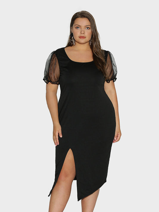Mesh Puff Sleeve Split Hem Dress