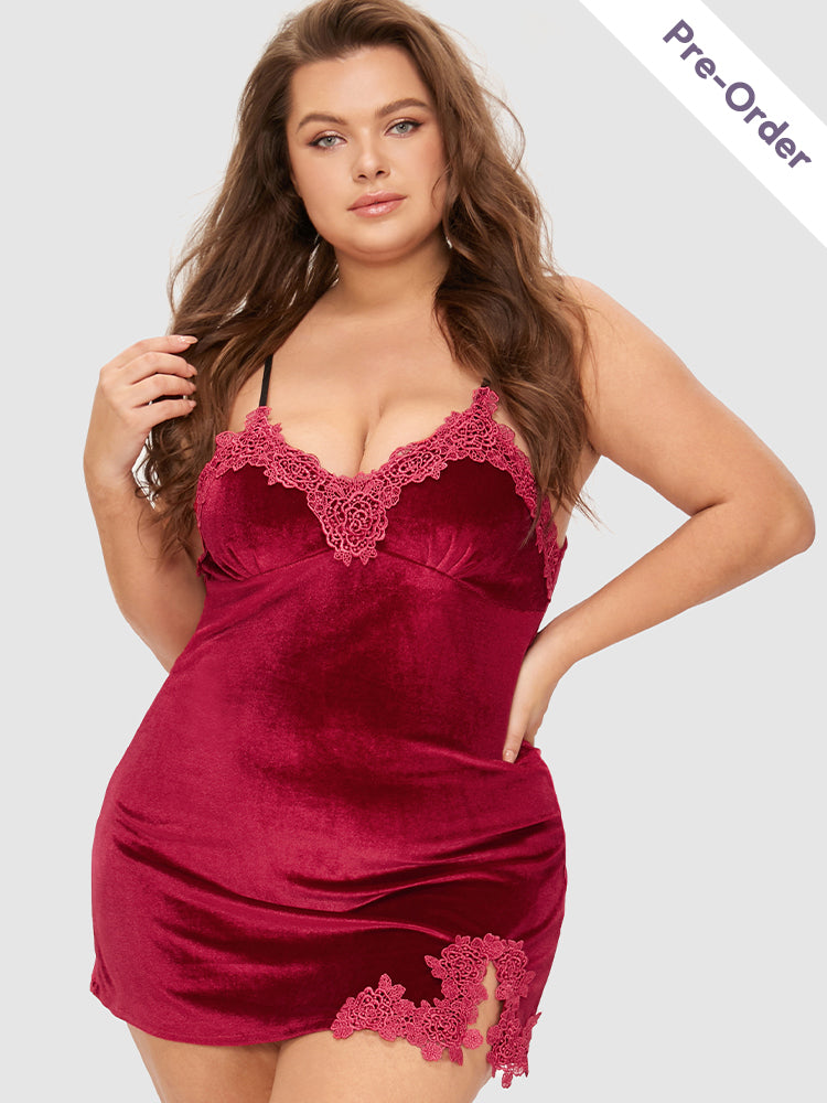 Floral Lace Trim Velvet Lounge Dress