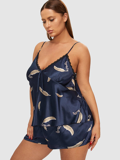 Feather Print Satin Lace Trim Pajama Set