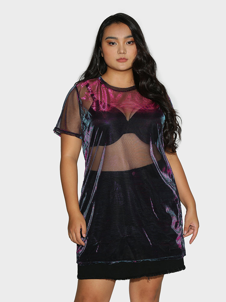 Crew Neck Reflective Mesh Sheer Dress