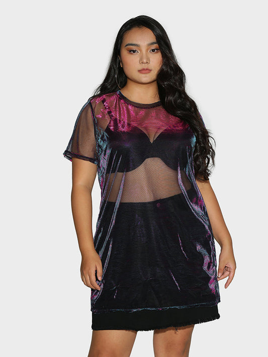 Crew Neck Reflective Mesh Sheer Dress