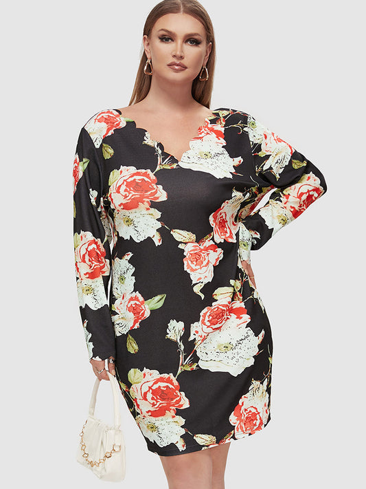 Floral Pattern Scallop Trim Dress
