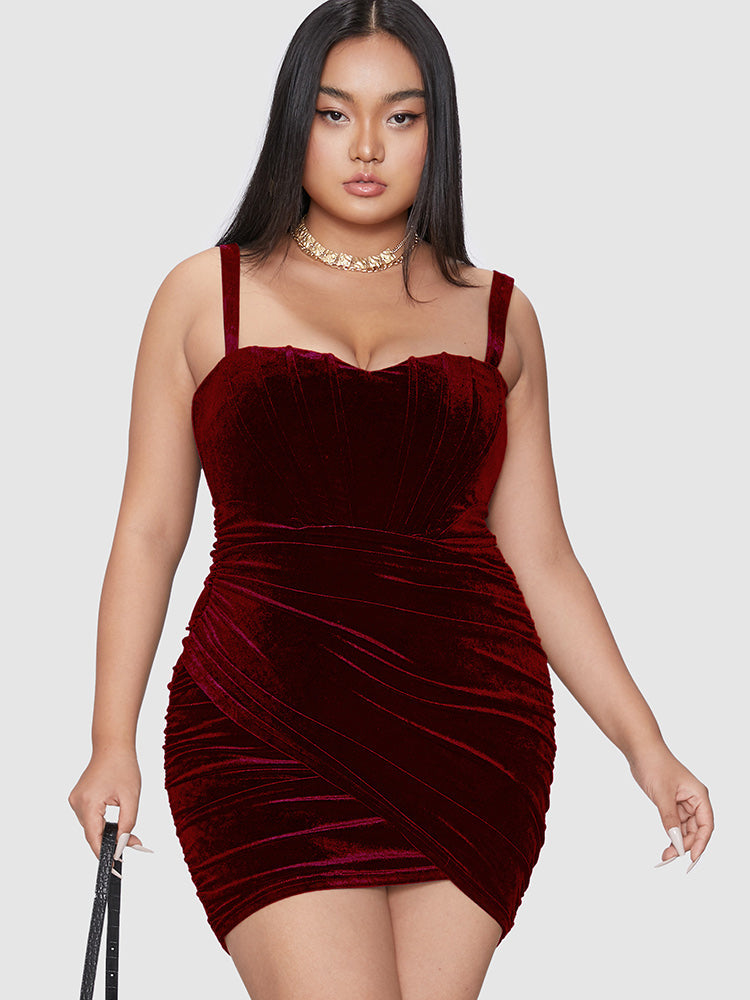 Solid Velvet Ruched Cami Bodycon Dress