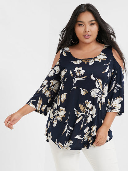 Floral Print Ruffles Cold Shoulder T-shirt