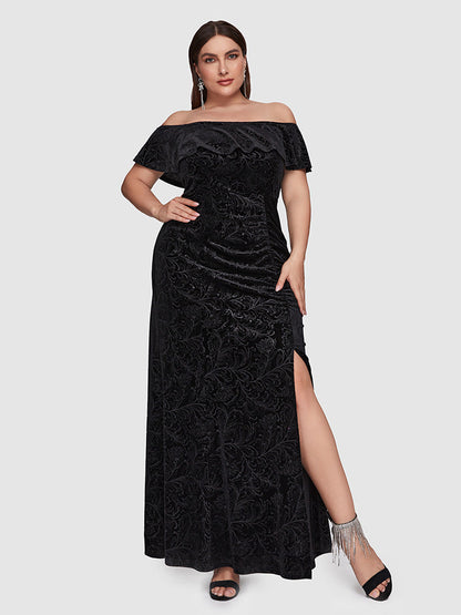 Velvet Floral Print Ruffled Ruched Split Dress