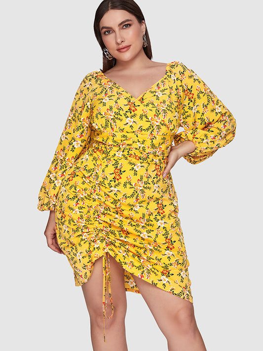 Ditsy Floral Ruched Drawstring Bodycon Dress