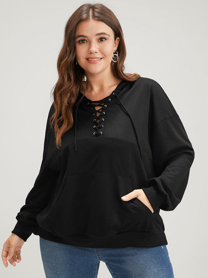 Plain Lace Up Pocket Drop Shoulder Hooded Sweatshirt