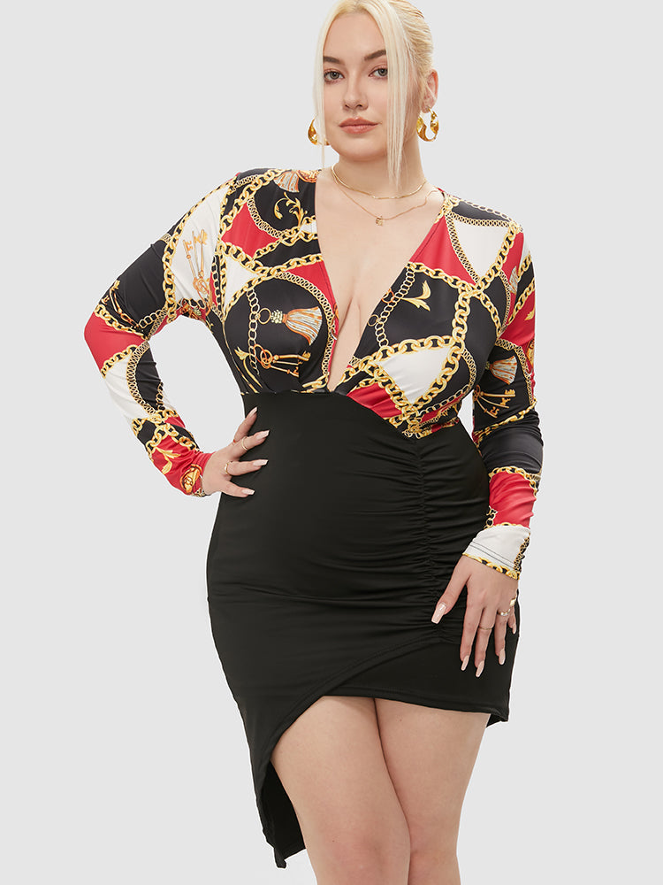 Chain Pattern Ruched Irregular Hem Bodycon Dress