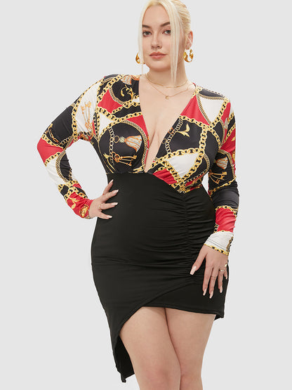 Chain Pattern Ruched Irregular Hem Bodycon Dress