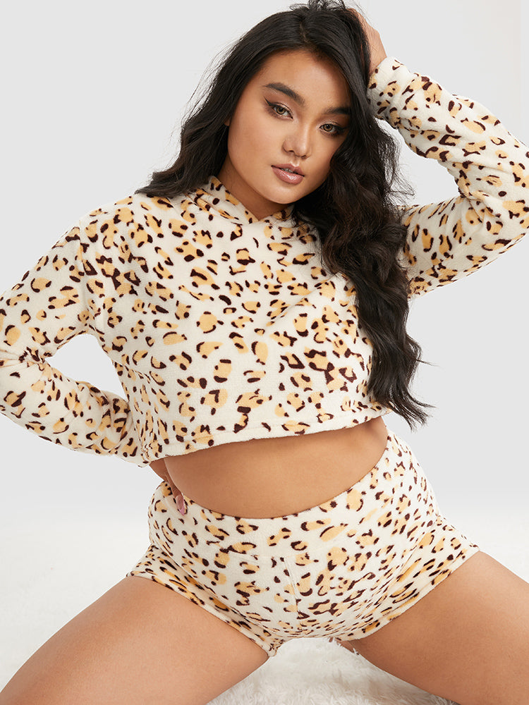 Leopard Print Hooded Top & Shorts Lounge Set