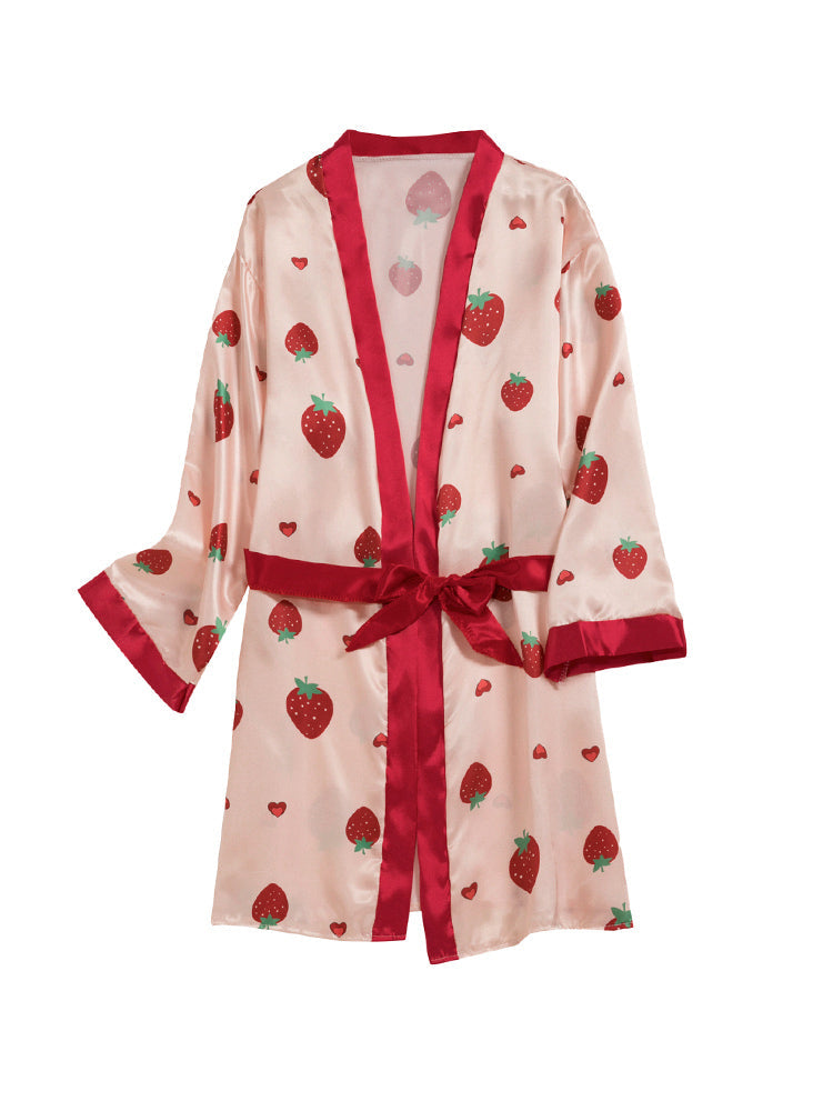 4pcs Strawberry Print Satin Belted Pajama Set