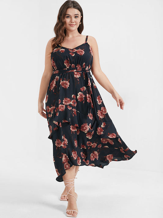 Floral Backless Ruffles Tiered Belted Cami Dress