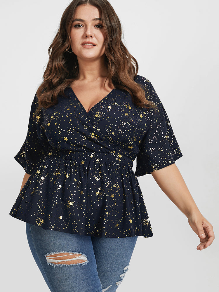 Star Printed Elastic Waist Ruffled V Neck Blouse