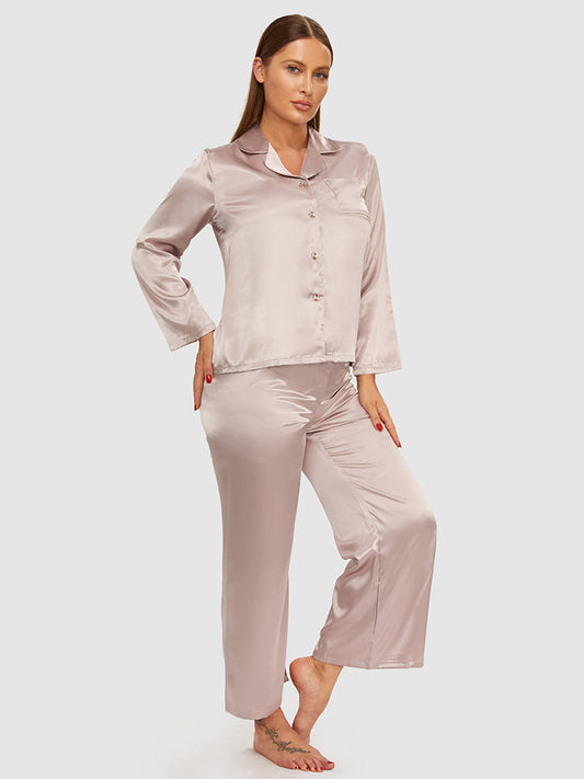Lapel Collar Satin Button Front Pajama Set