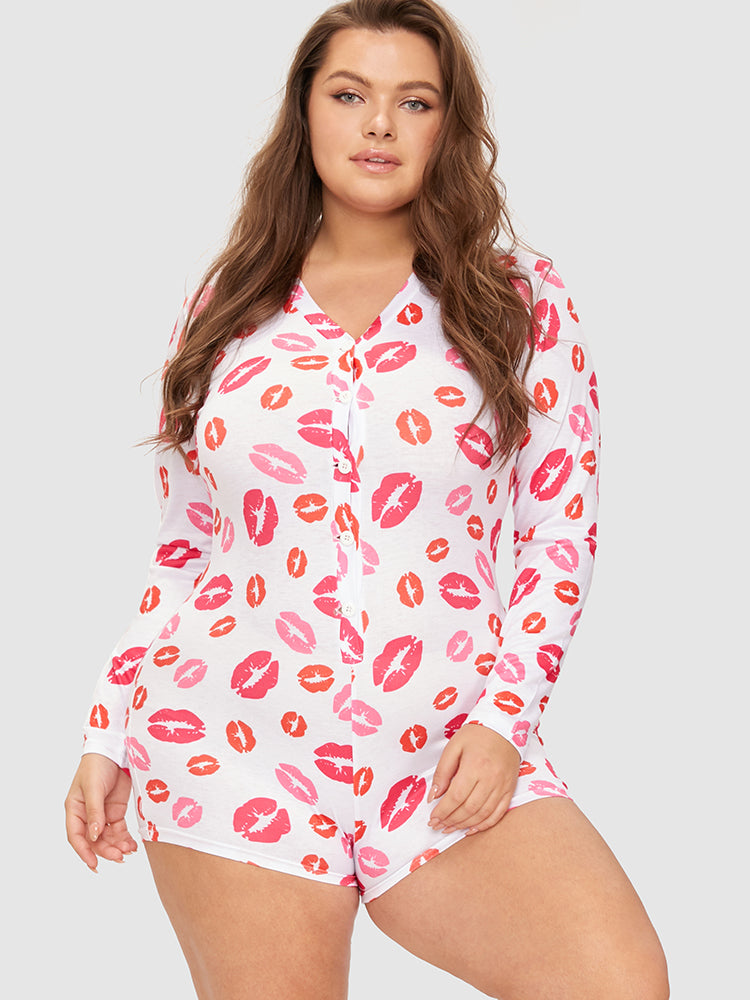 Samantha Casual At Home - Allover Lip Print Button Sleep Ropmer