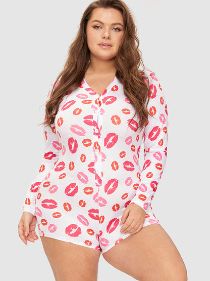 Samantha Casual At Home - Allover Lip Print Button Sleep Ropmer