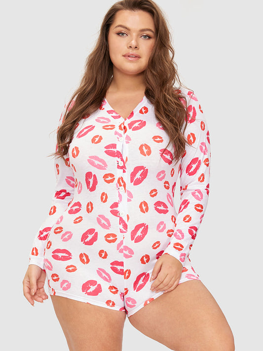 Samantha Casual At Home - Allover Lip Print Button Sleep Ropmer